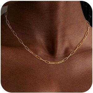 🆕Sweatproof 14K Gold Plated Non Tarnish Chunky Herringbone Paperclip Necklace